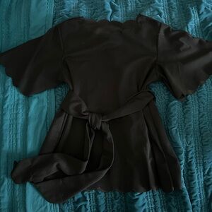 Black Scalloped Blouse with Belt